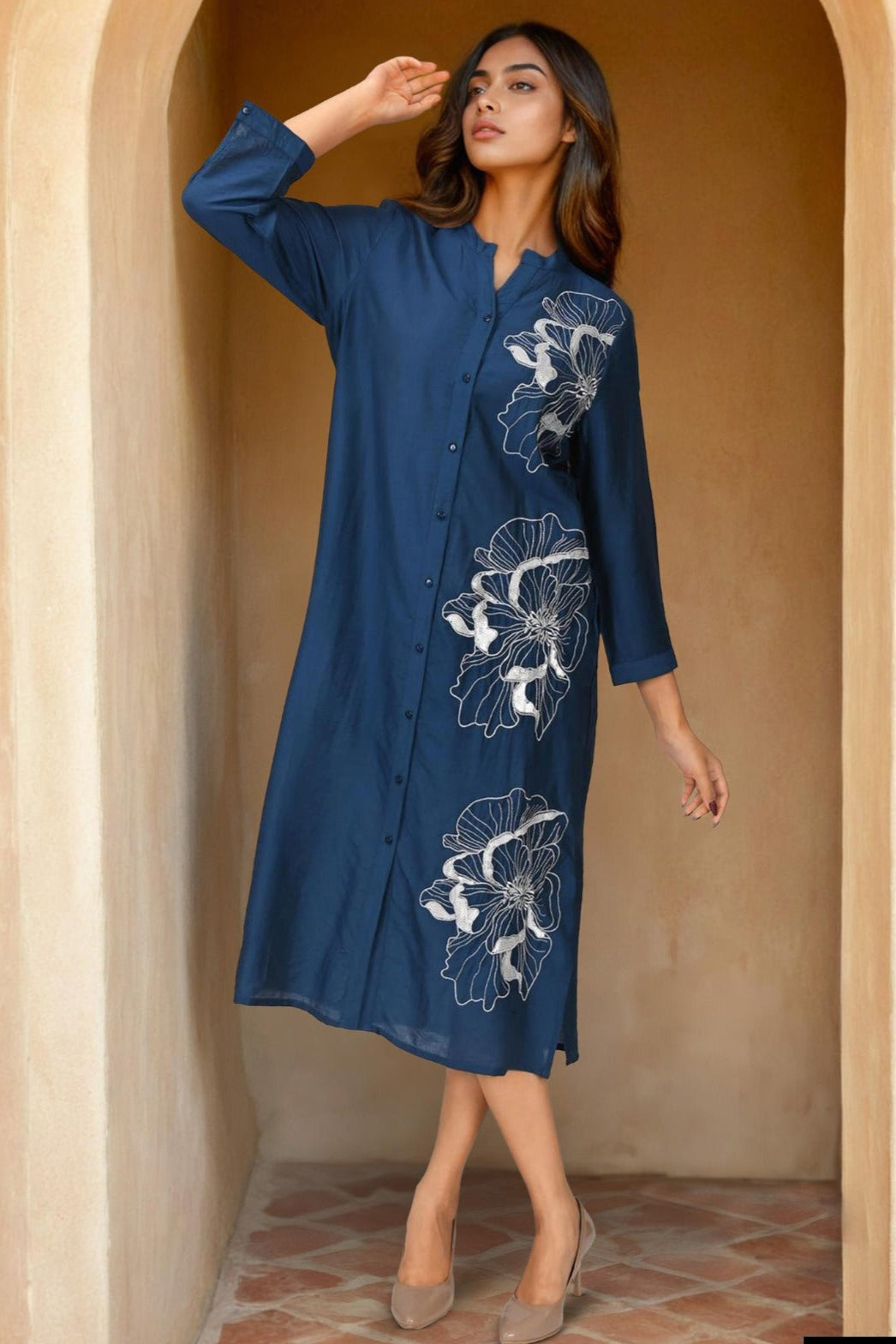 Blue Embroidered Chanderi Silk Tunic Dress