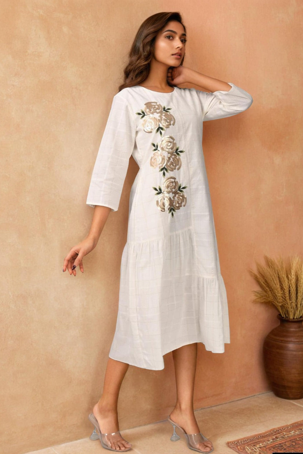 Off White Embellished Chanderi Silk Tunic Dress