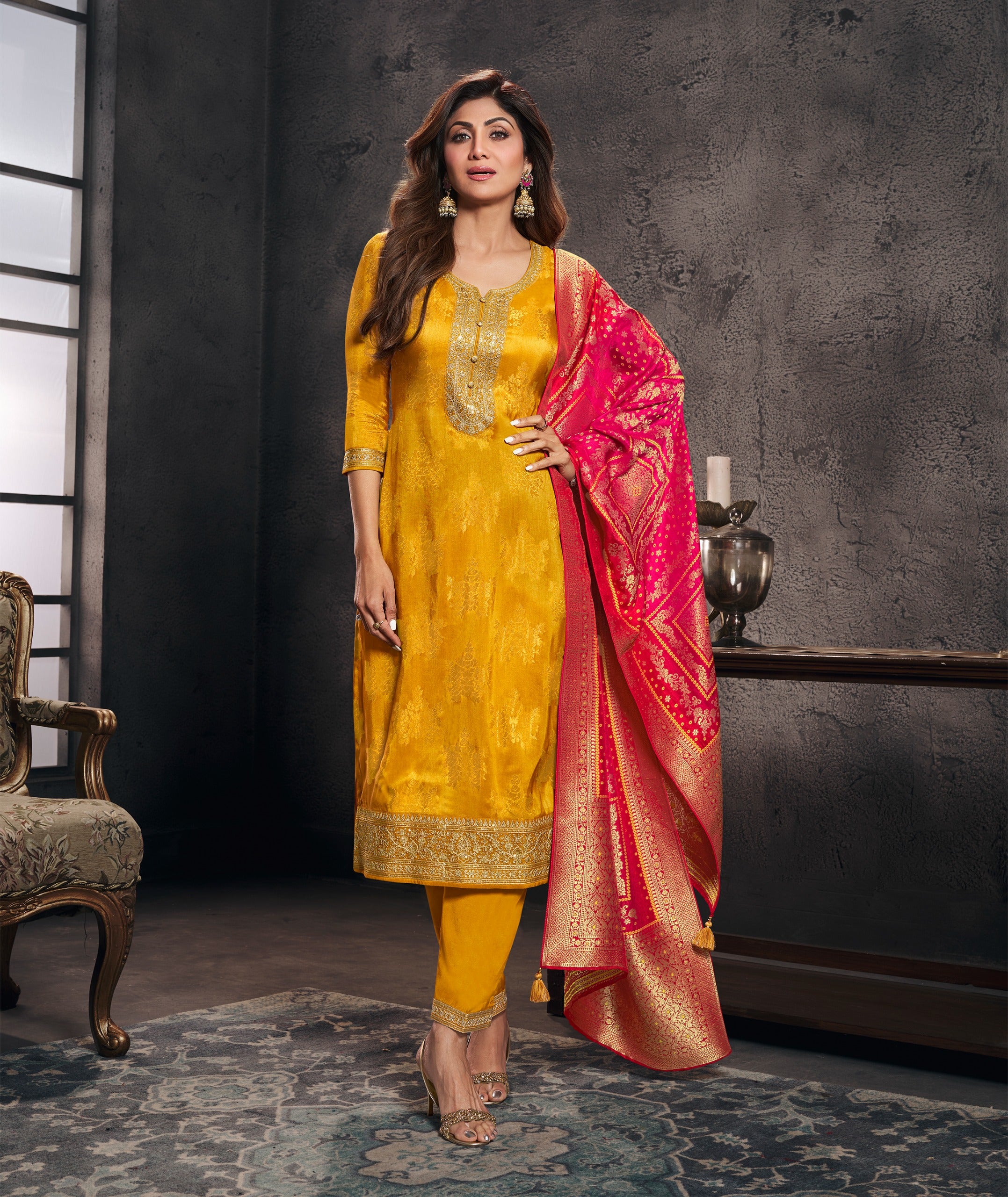 Bright Yellow Embellished Premium Brocade Silk Pant Set