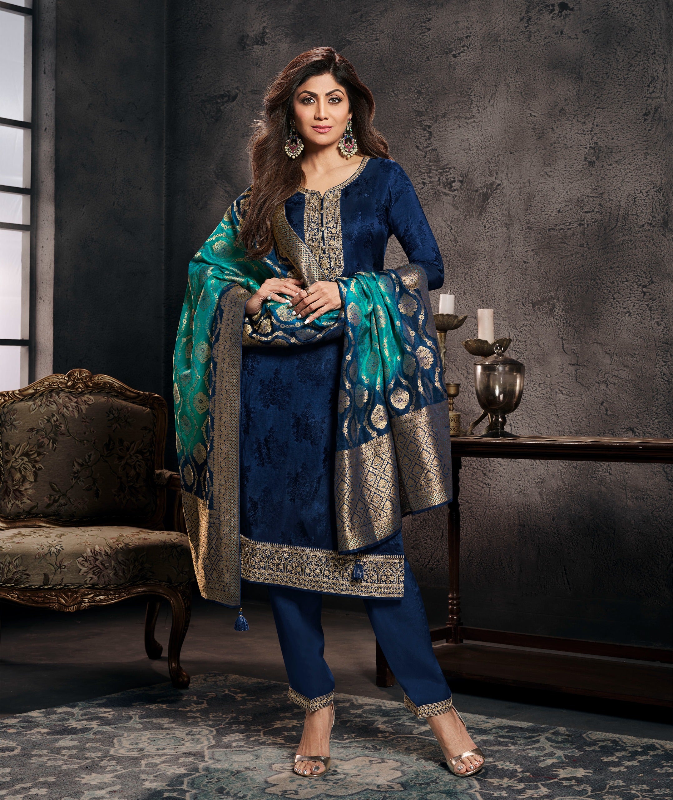 Dark Blue Embellished Brocade Silk Pant Set
