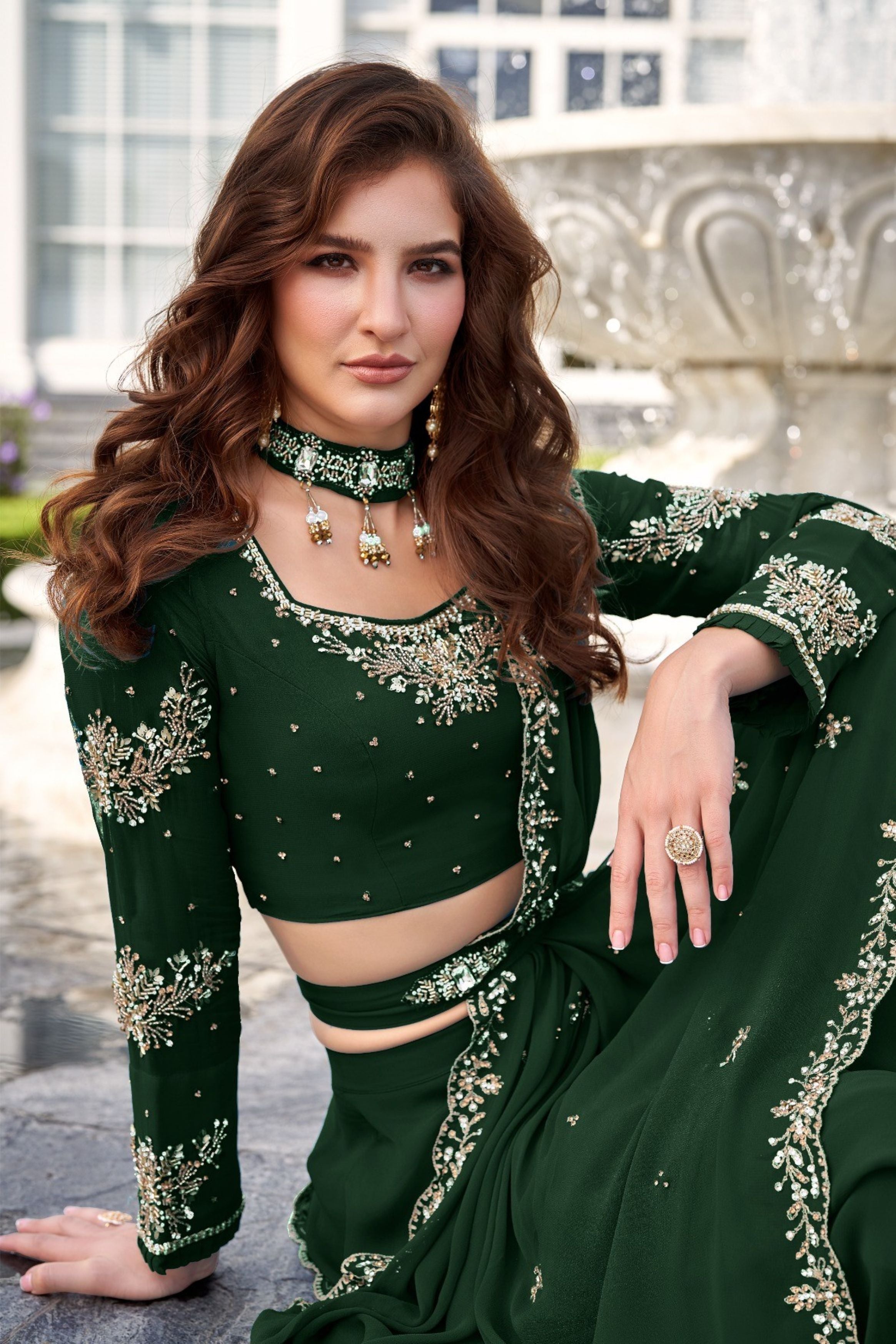 Bottle Green Embellished Saree-Style Skirt Set