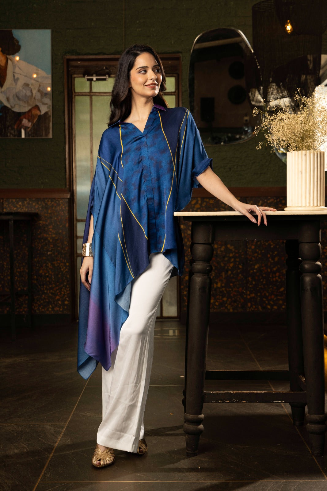 Midnight Blue Ombre Satin Silk Tunic Top