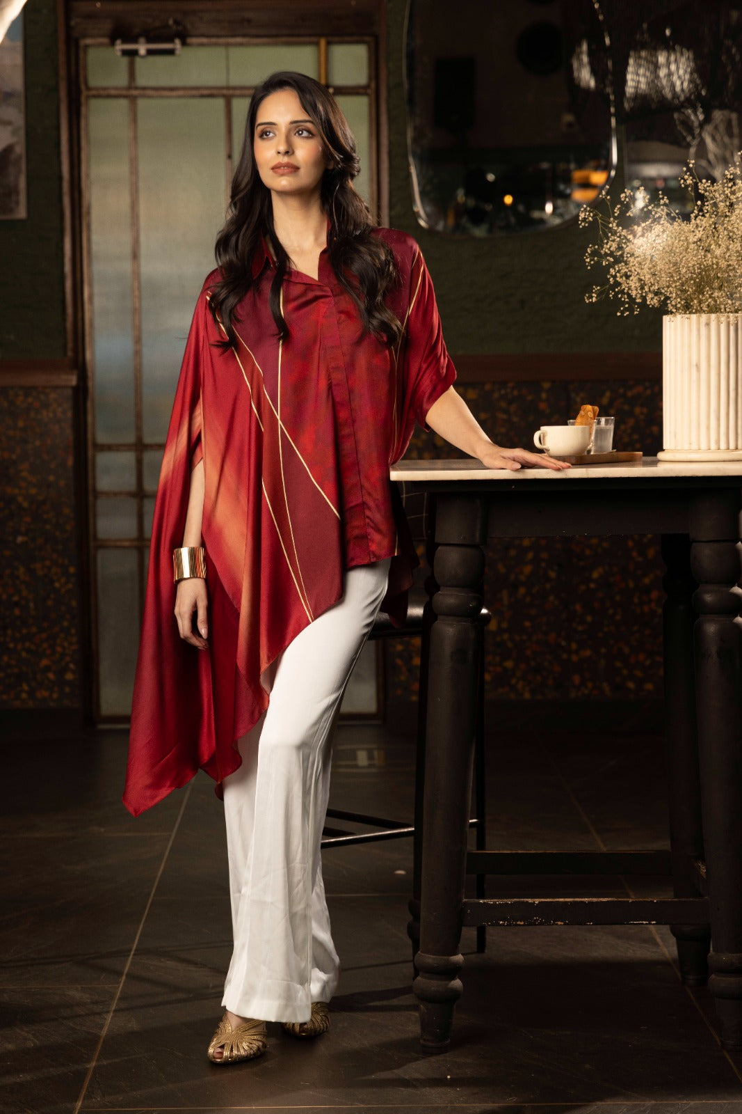 Wine Red Ombre Satin Silk Tunic Top