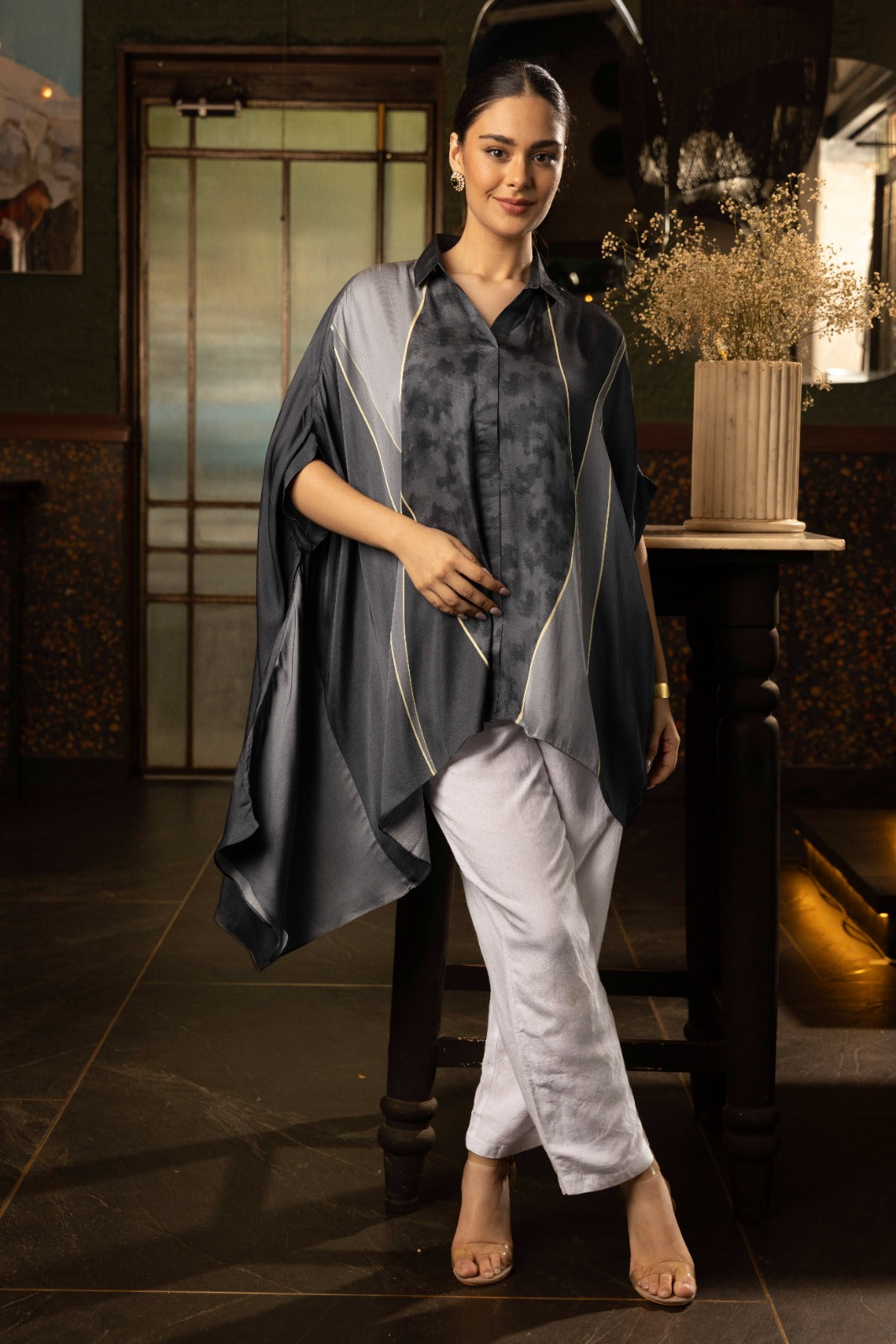 Charcoal Grey Ombre Satin Silk Tunic Top