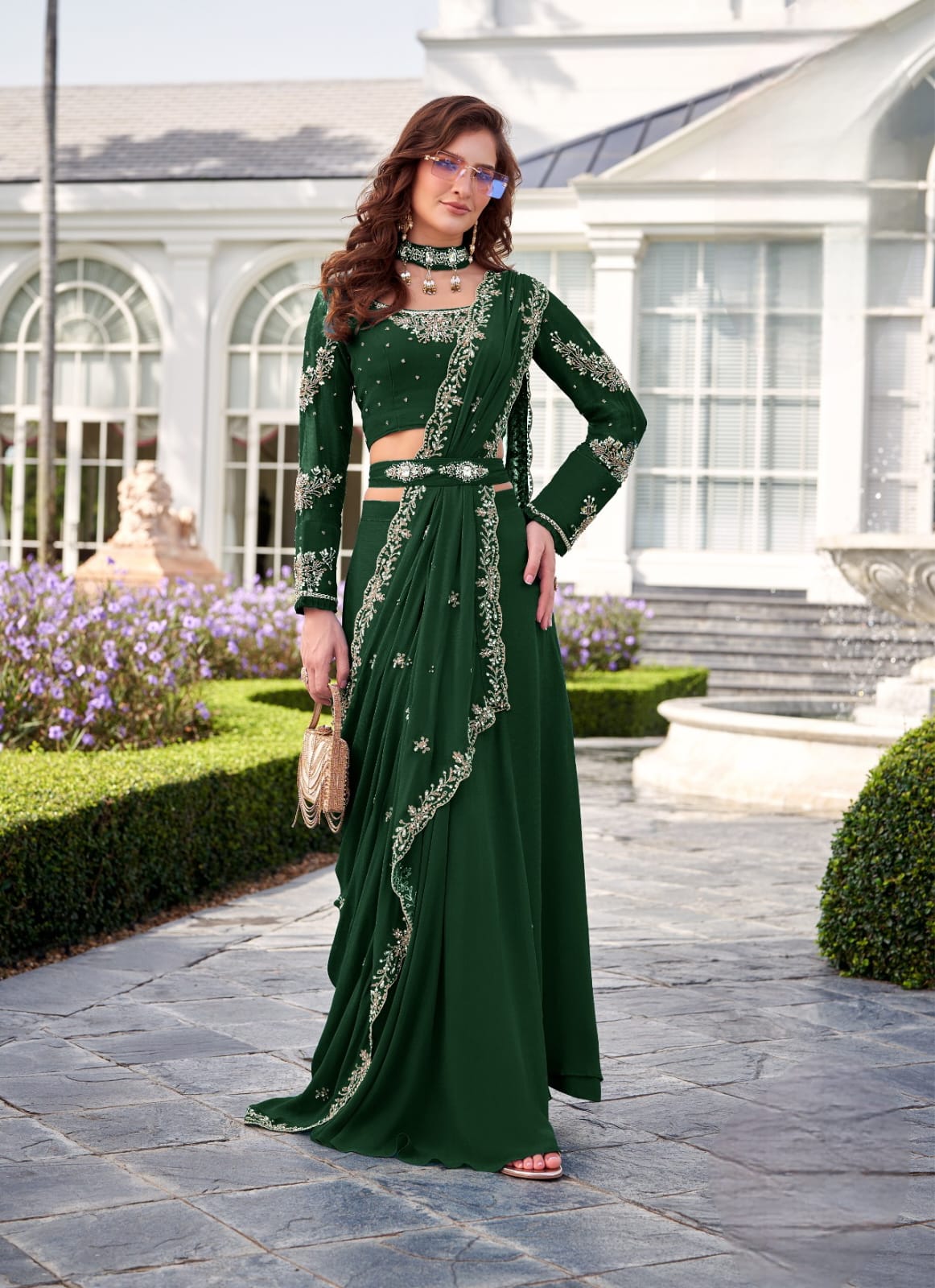 Bottle Green Embellished Saree-Style Skirt Set