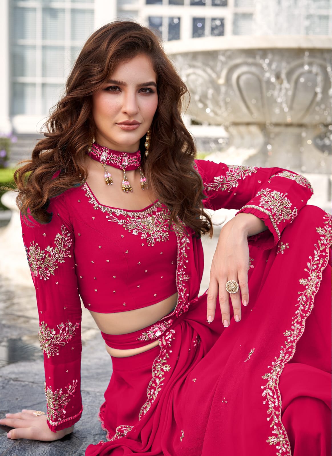 Rani Pink Embellished Saree-Style Skirt Set