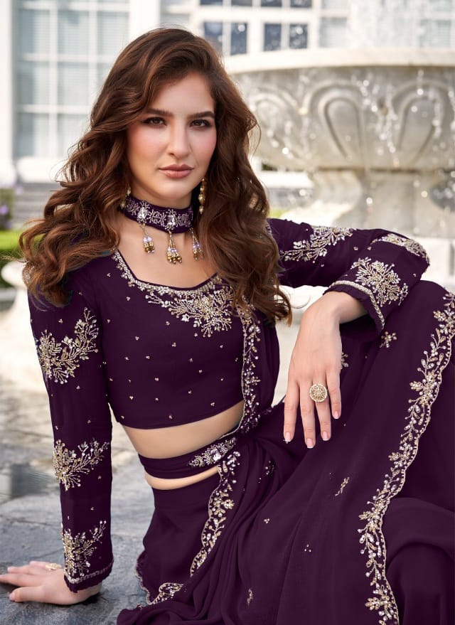 Dark Purple Embellished Saree-Style Skirt Set