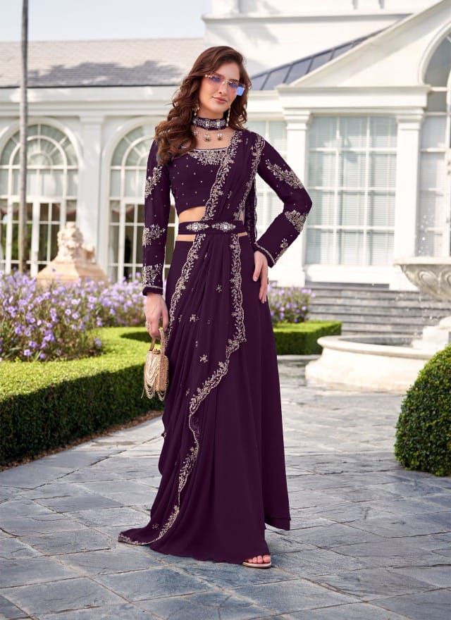 Dark Purple Embellished Saree-Style Skirt Set