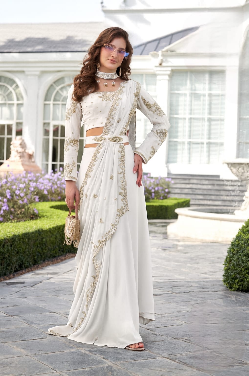 Deep White Embellished Saree-Style Skirt Set