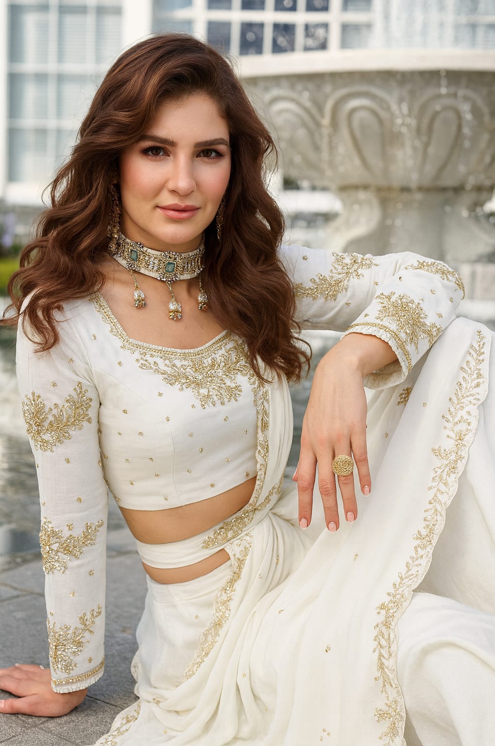 Deep White Embellished Saree-Style Skirt Set