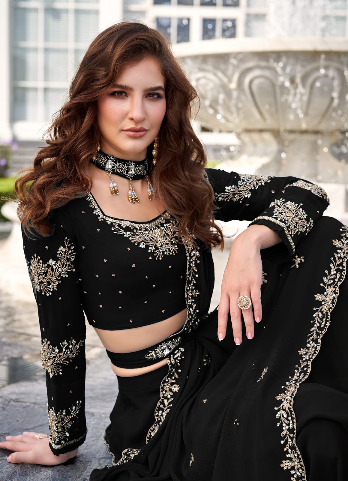 Deep Black Embellished Saree-Style Skirt Set