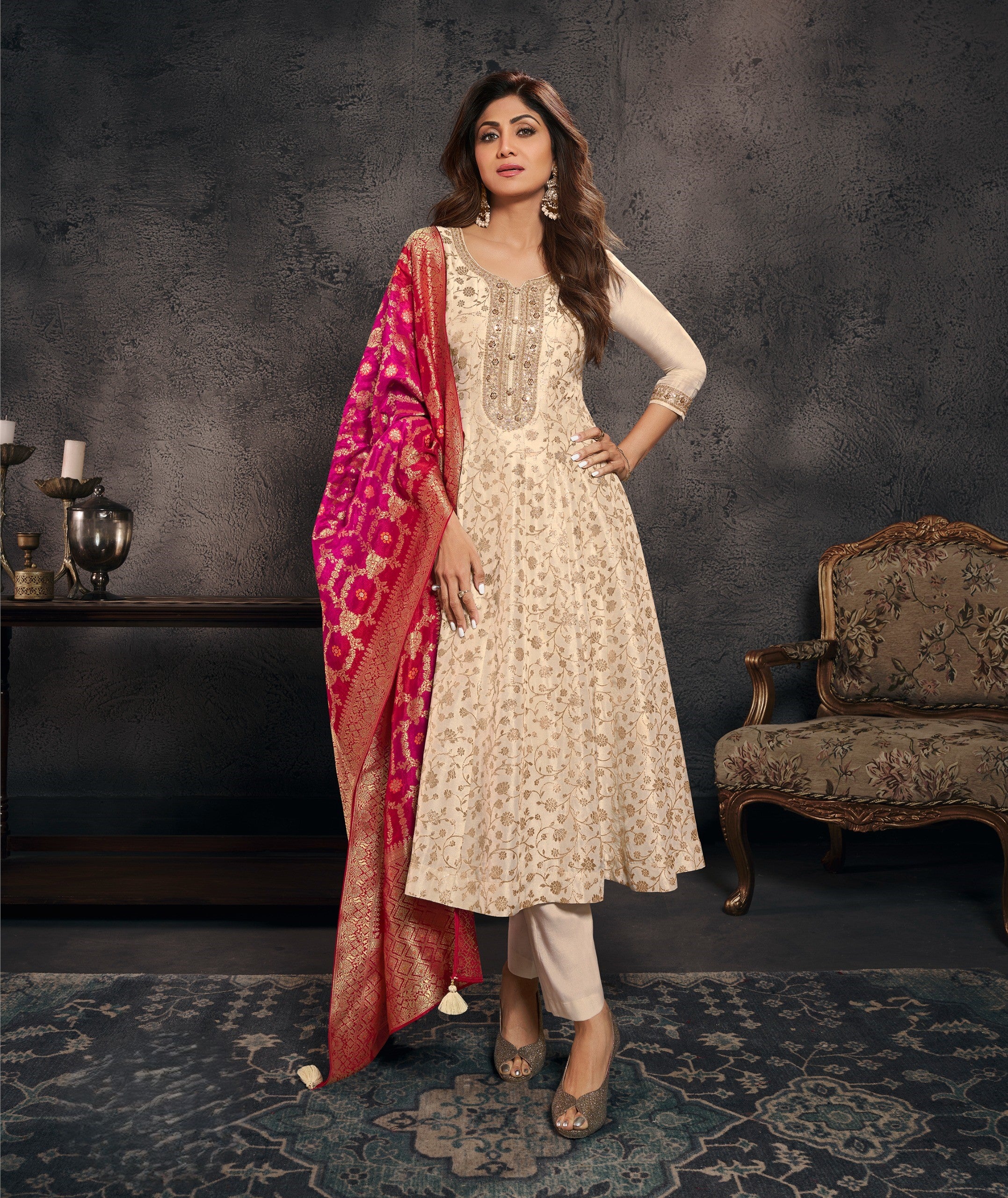 Cream Embellished Premium Brocade Silk Anarkali Set