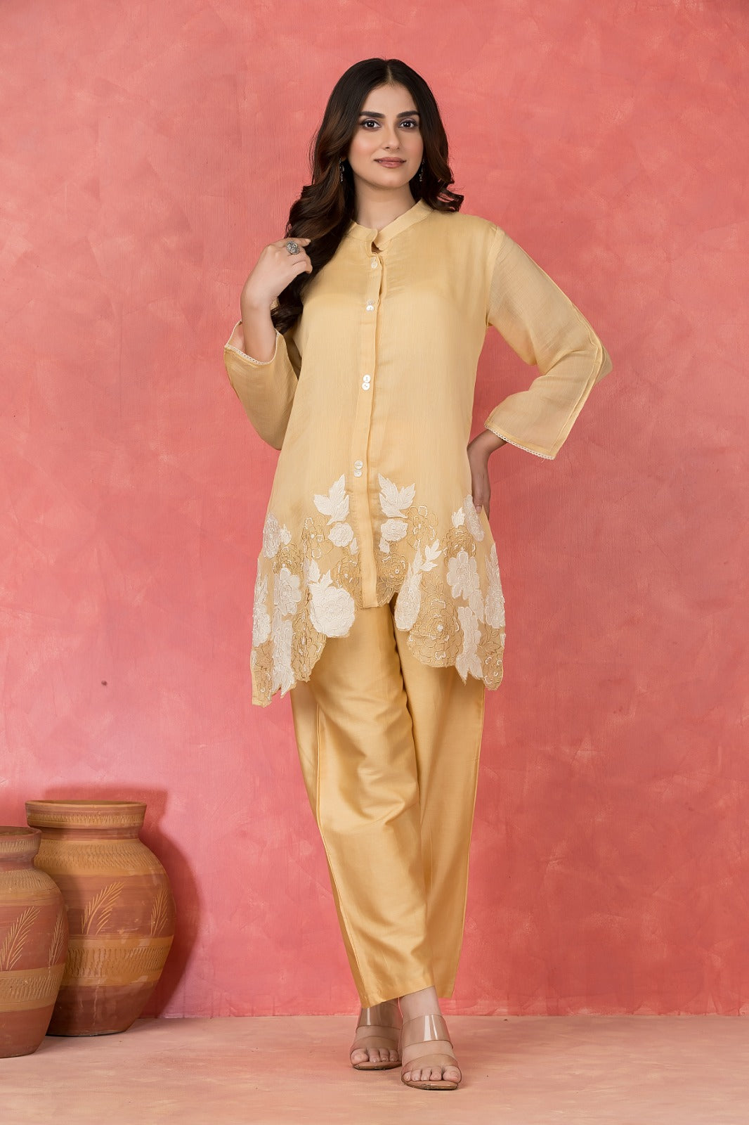 Pastel Yellow Embroidered Mulchanderi Co-Ord Set