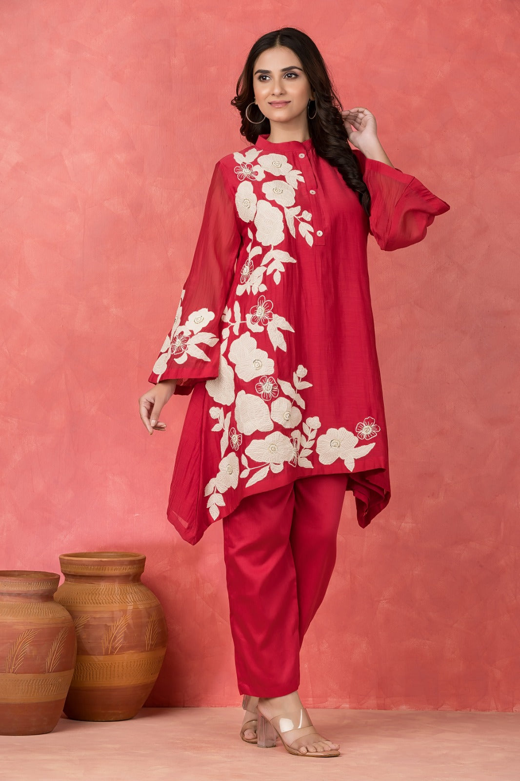 Cherry Red Embroidered Mulchanderi Co-Ord Set