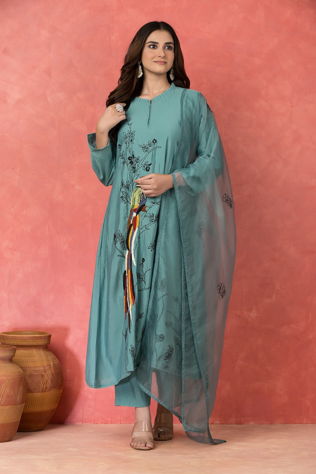 Dusty Teal Embroidered Premium Silk Pant Set