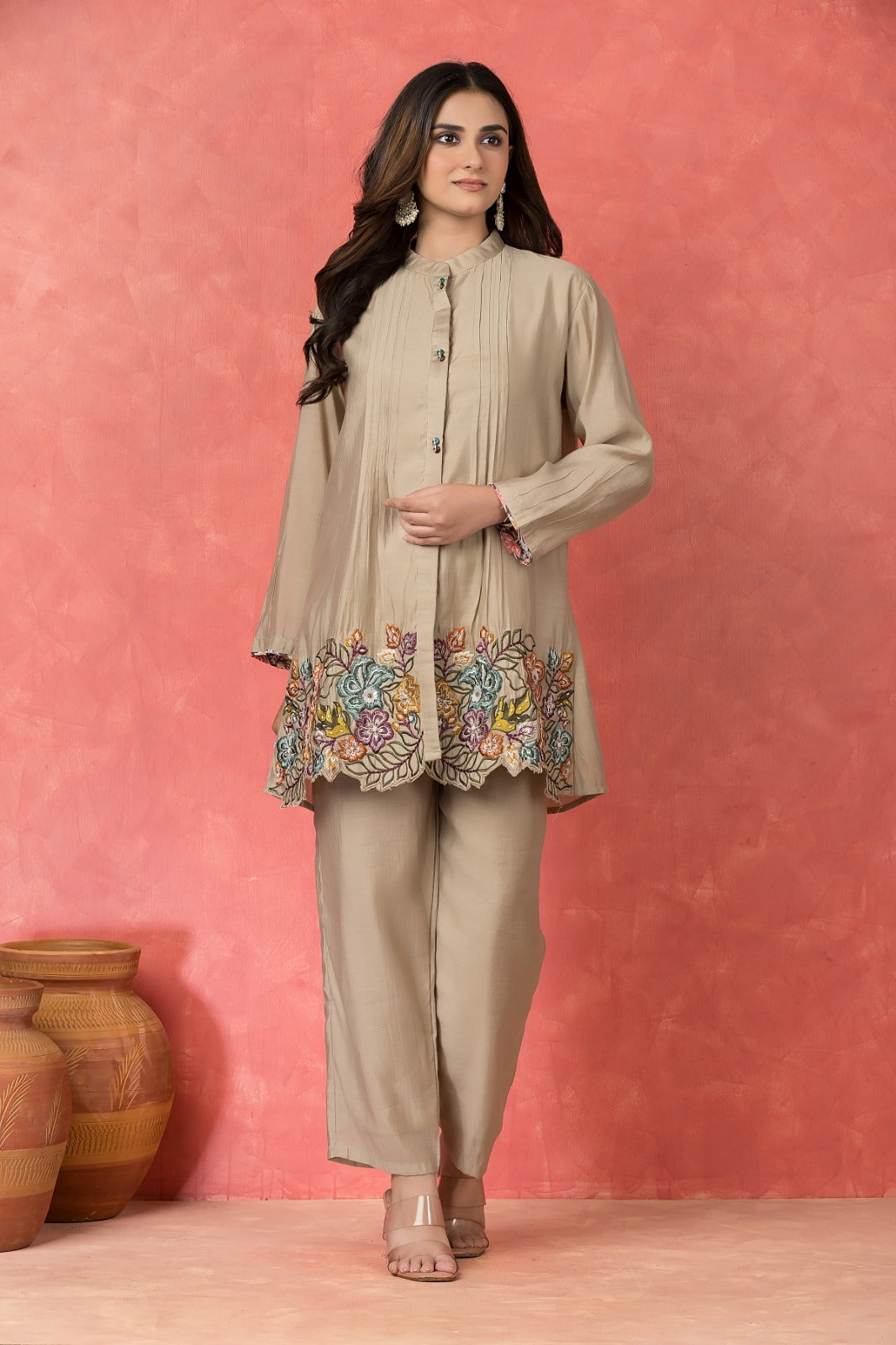 Mushroom Beige Embroidered Premium Silk Co-Ord Set