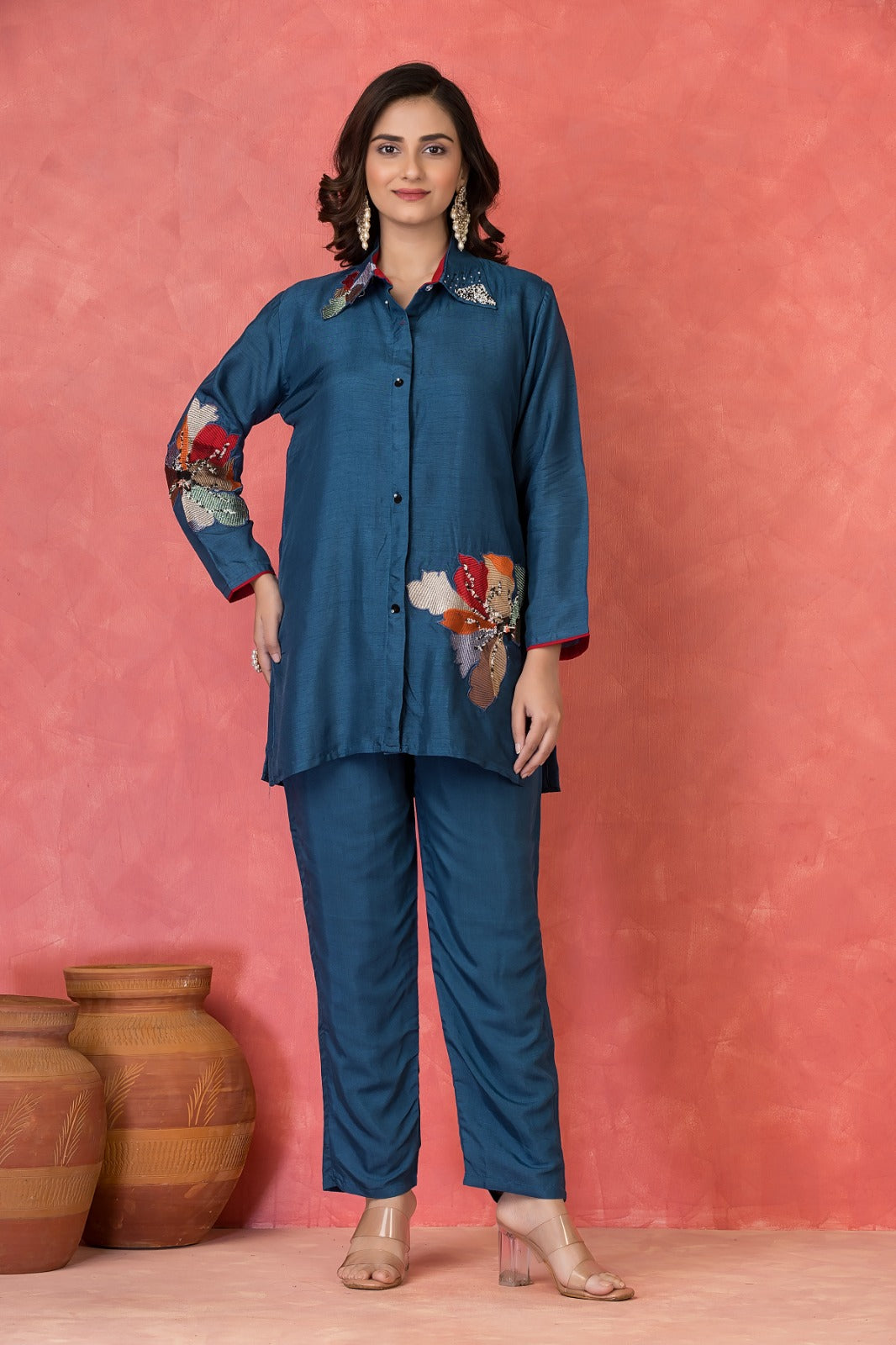 Slate Blue Embroidered Dola Silk Co-Ord Set