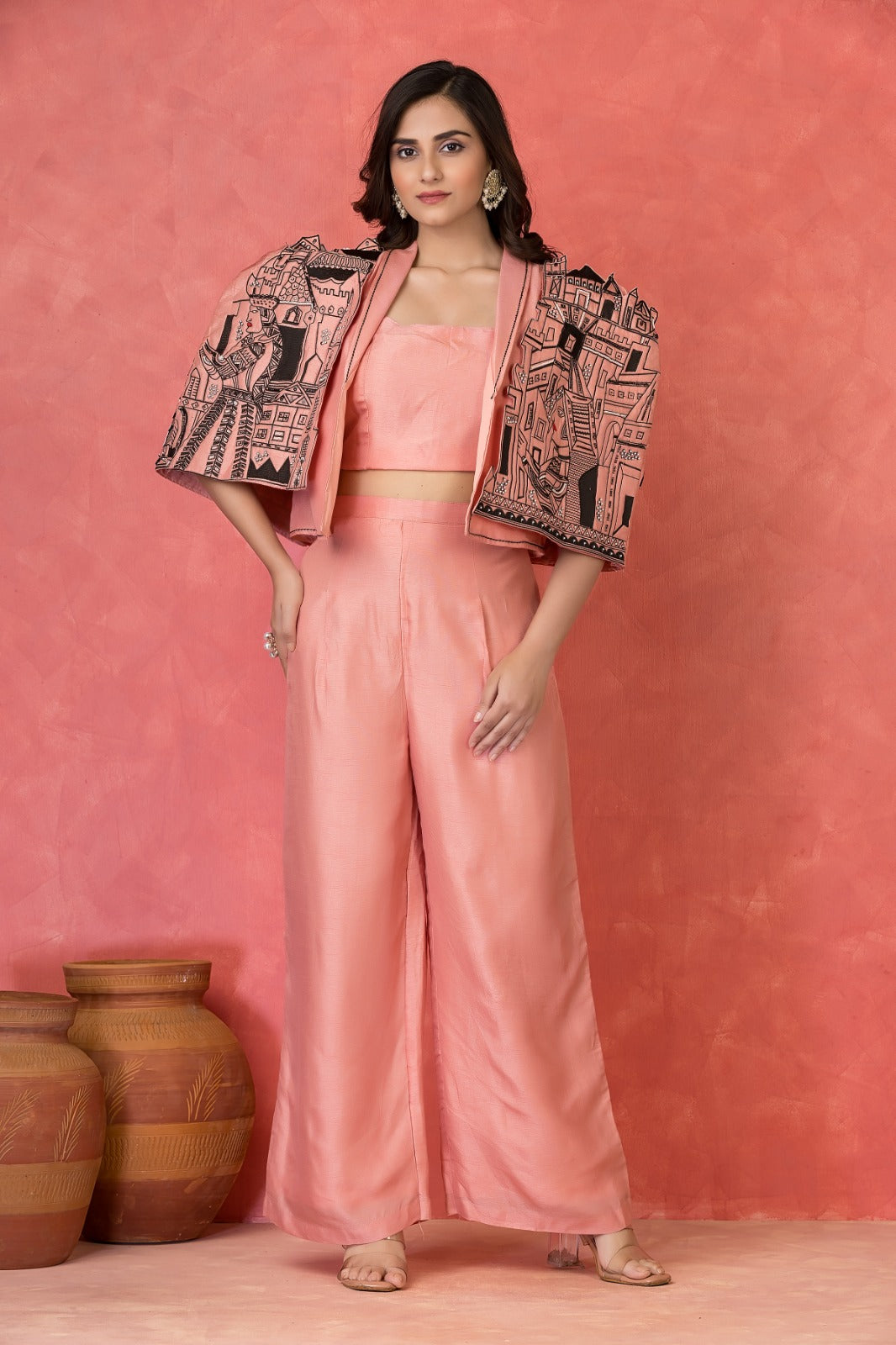 Soft Coral Embroidered Dola Silk Co-Ord Set