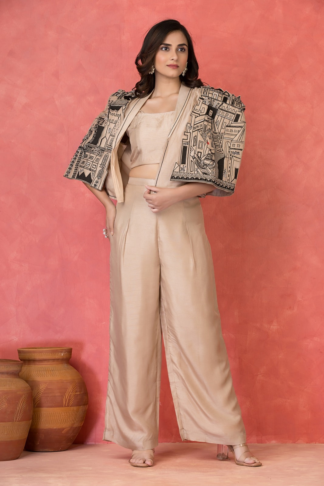 Light Tan Embroidered Dola Silk Co-Ord Set
