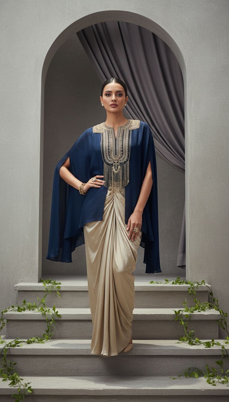 Deep Blue Embellished Satin Silk Drape Skirt Set