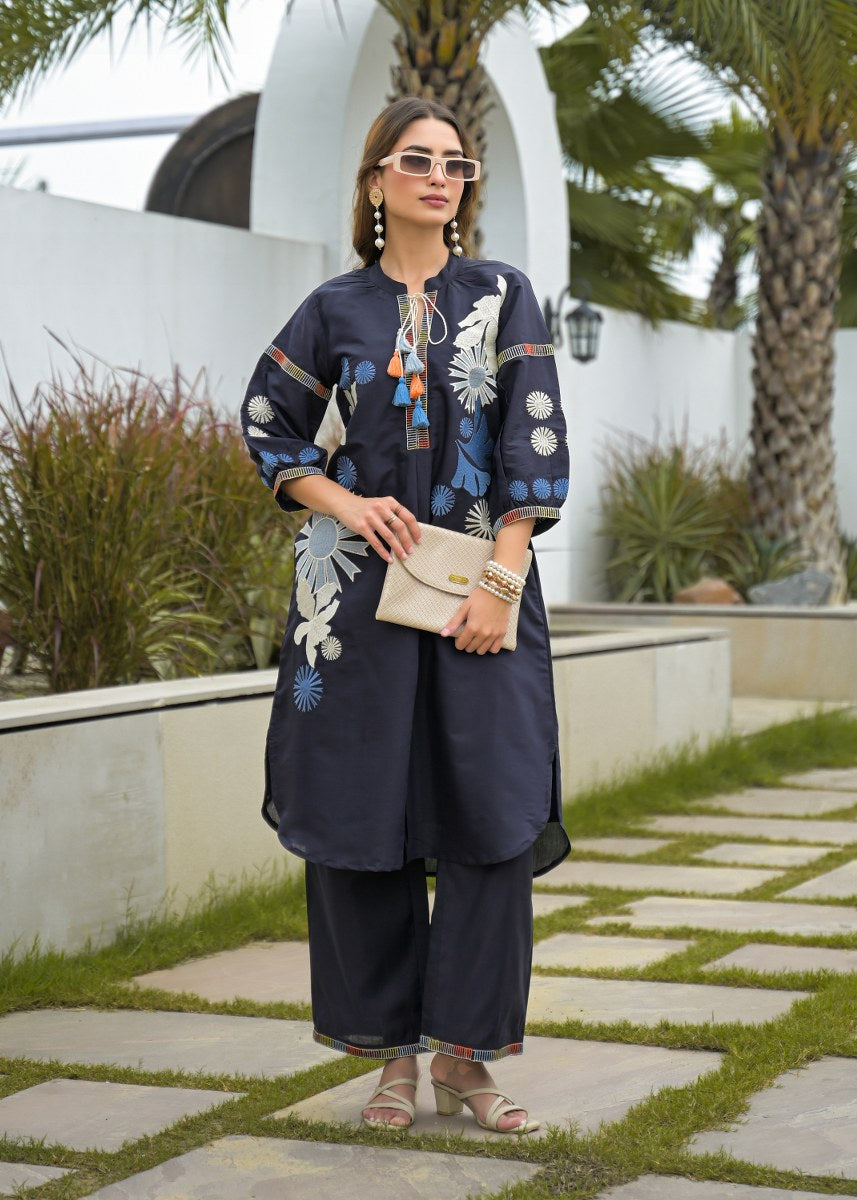 Blue Premium Silk Katha Handwork Co-Ord Set