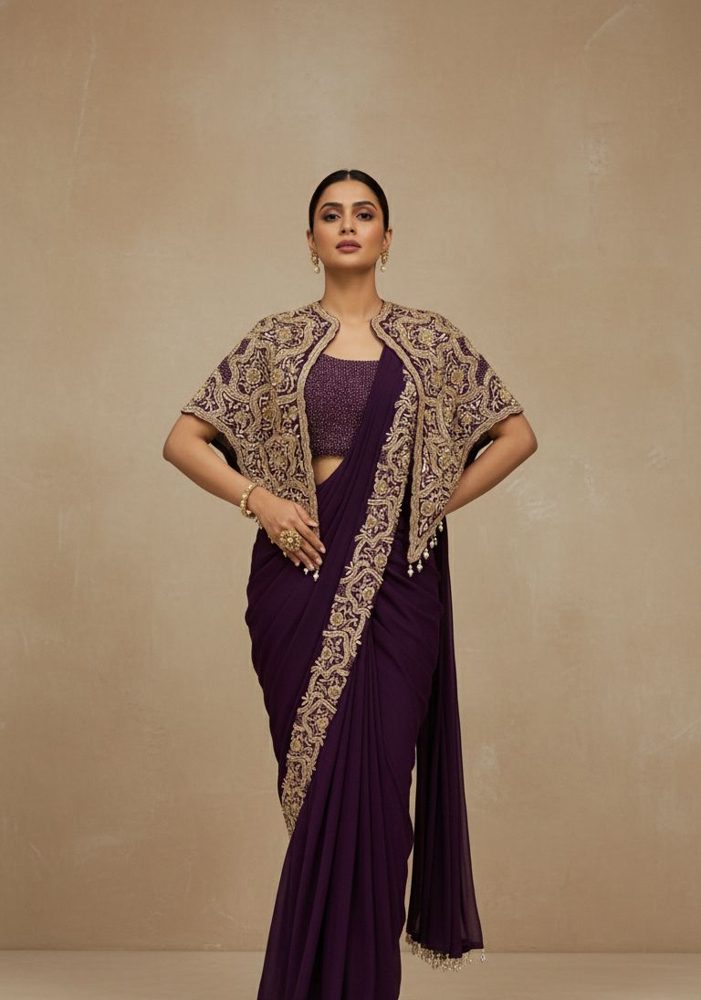 Royal Purple Embellished Georgette Silk Drape Saree
