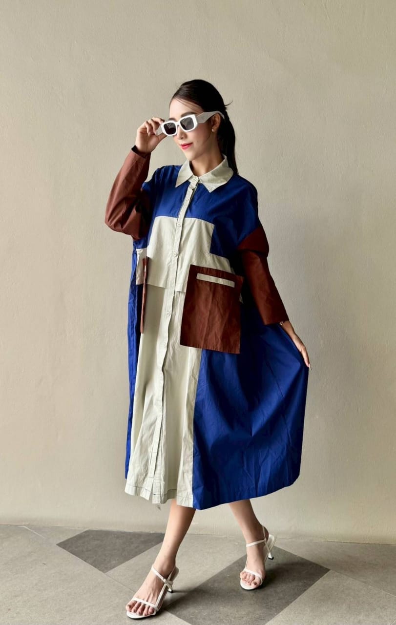 Royal Blue Vertical Panel Color Blocking Tunic Dress