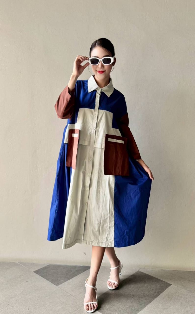 Royal Blue Vertical Panel Color Blocking Tunic Dress