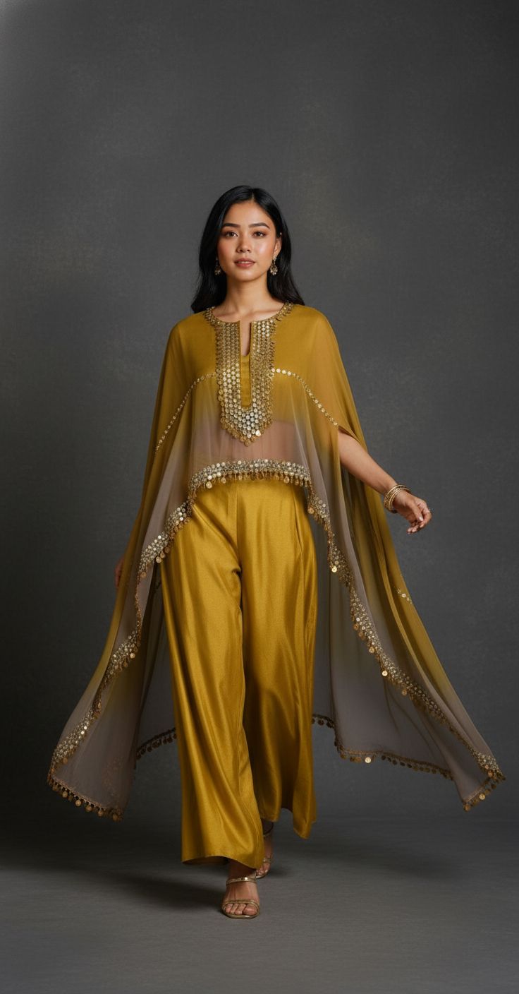Mustard Yellow Ombre Embellished Raw Silk Cape Set