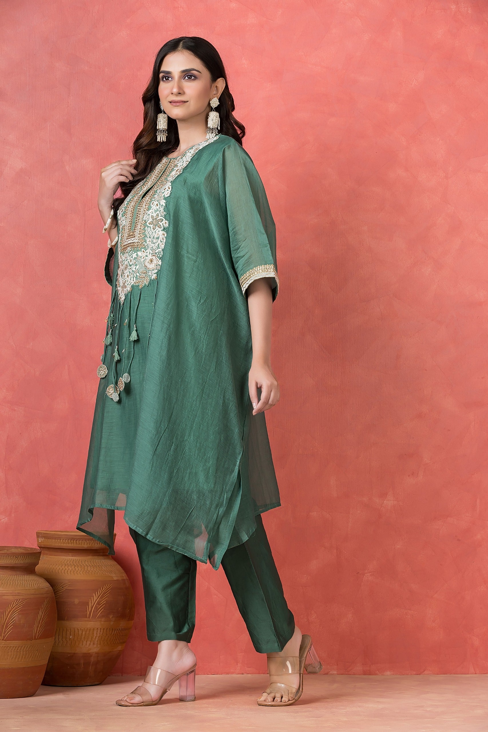 Deep Jade Embellished Mul-Chanderi Kaftan Set