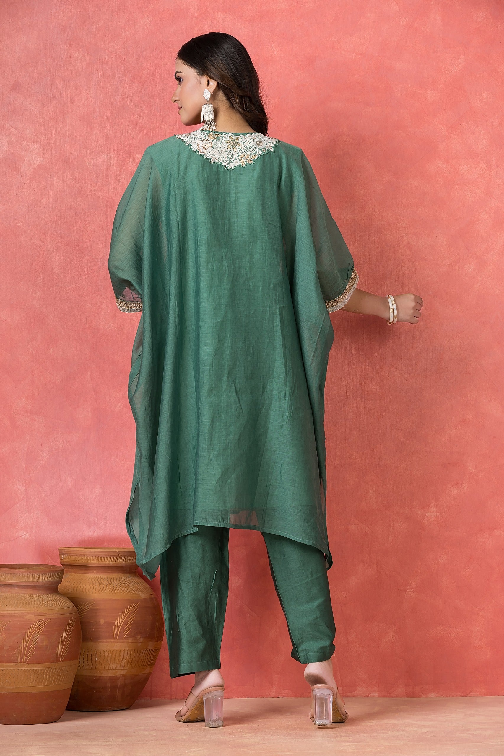 Deep Jade Embellished Mul-Chanderi Kaftan Set