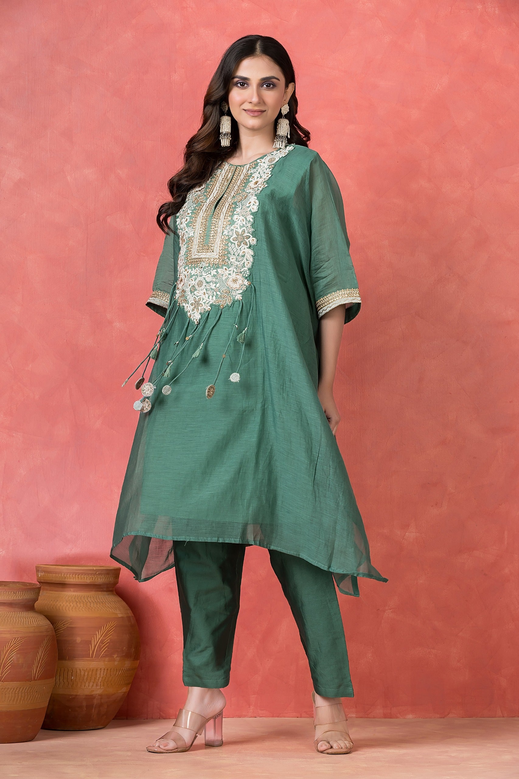 Deep Jade Embellished Mul-Chanderi Kaftan Set