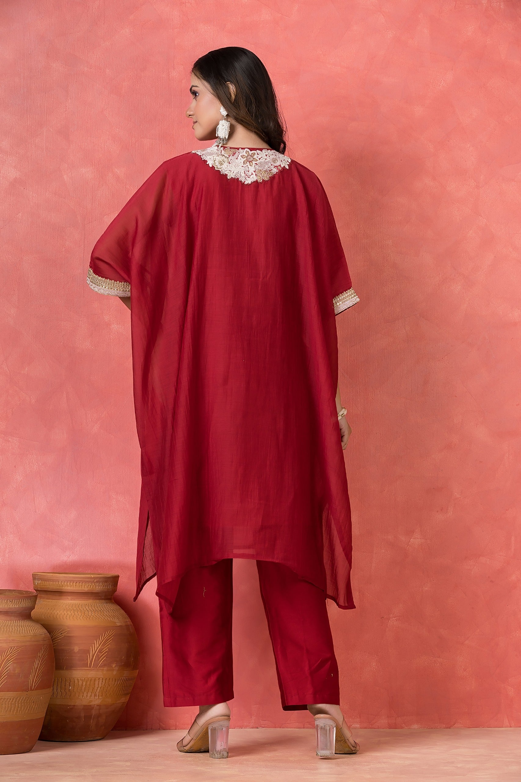 Garnet Embellished Mul-Chanderi Kaftan Set