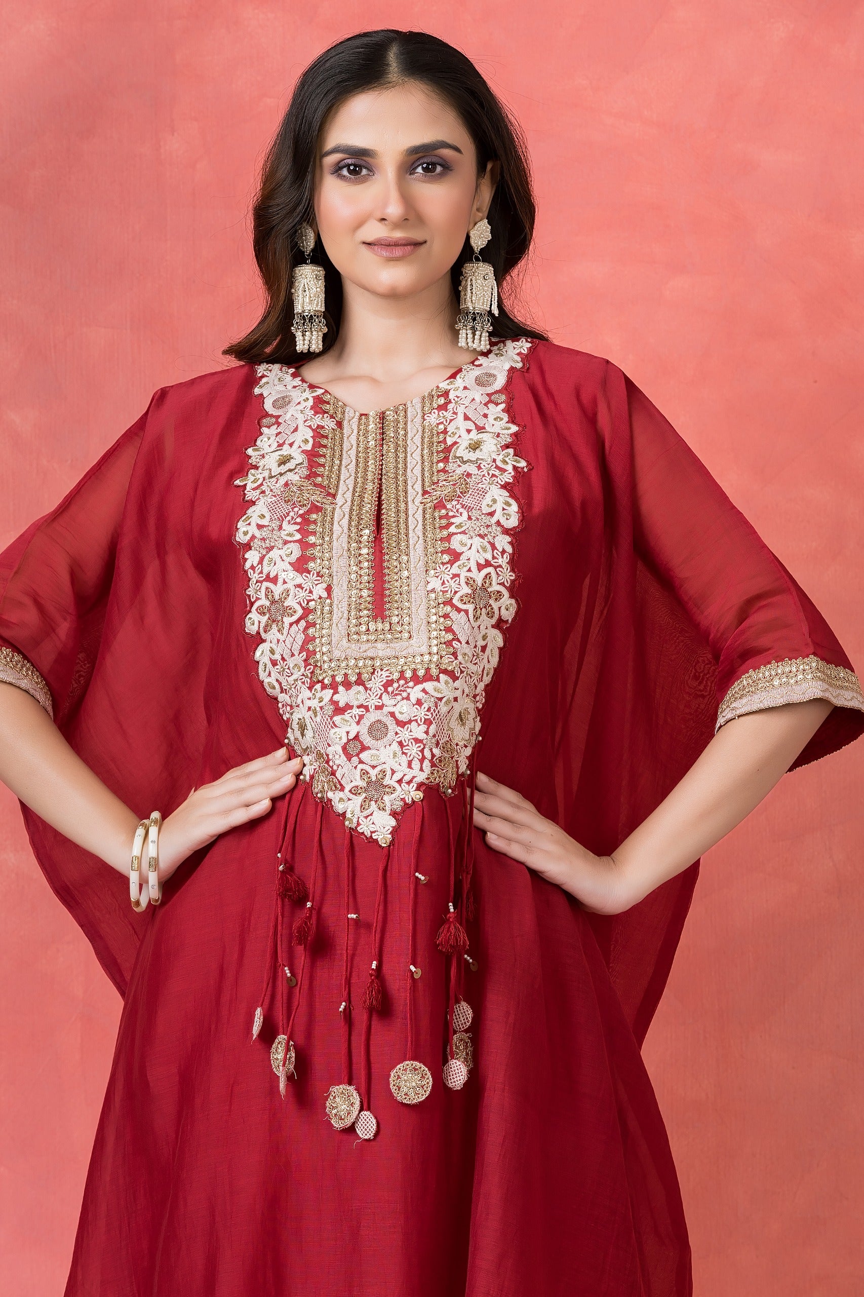 Garnet Embellished Mul-Chanderi Kaftan Set