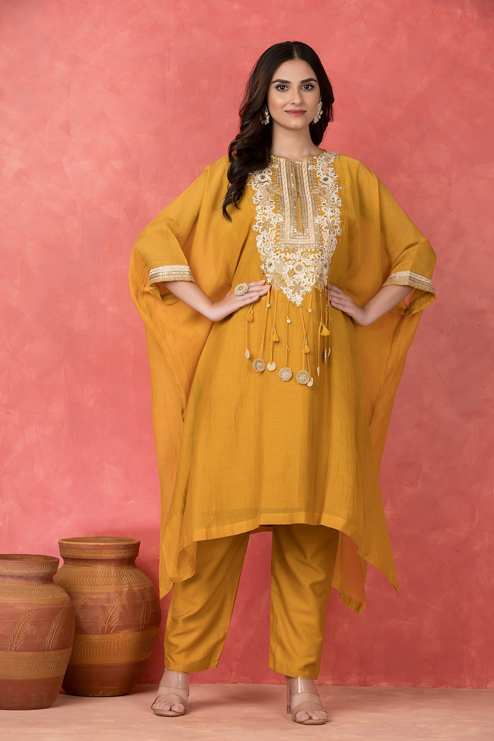 Amber Embellished Mul-Chanderi Kaftan Set