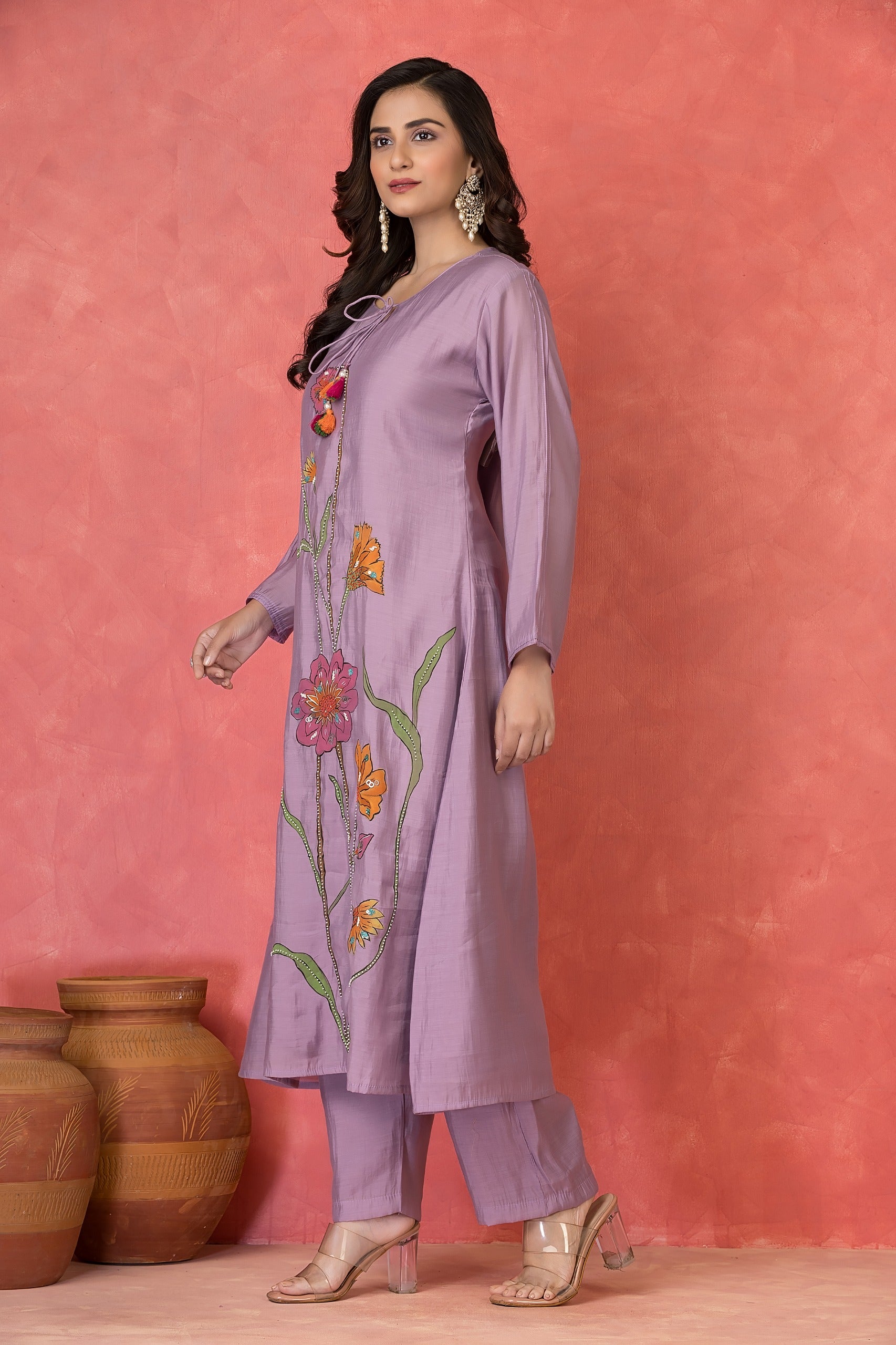Lavender Embellished Premium Silk Kurta Set