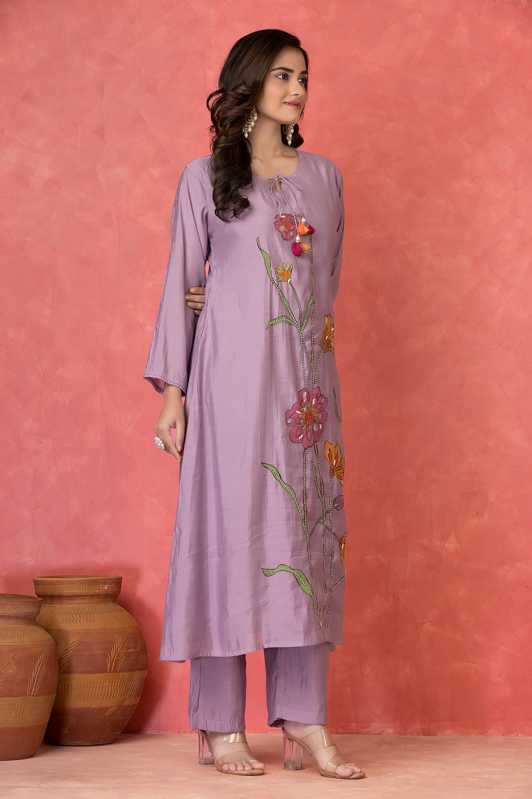 Lavender Embellished Premium Silk Kurta Set