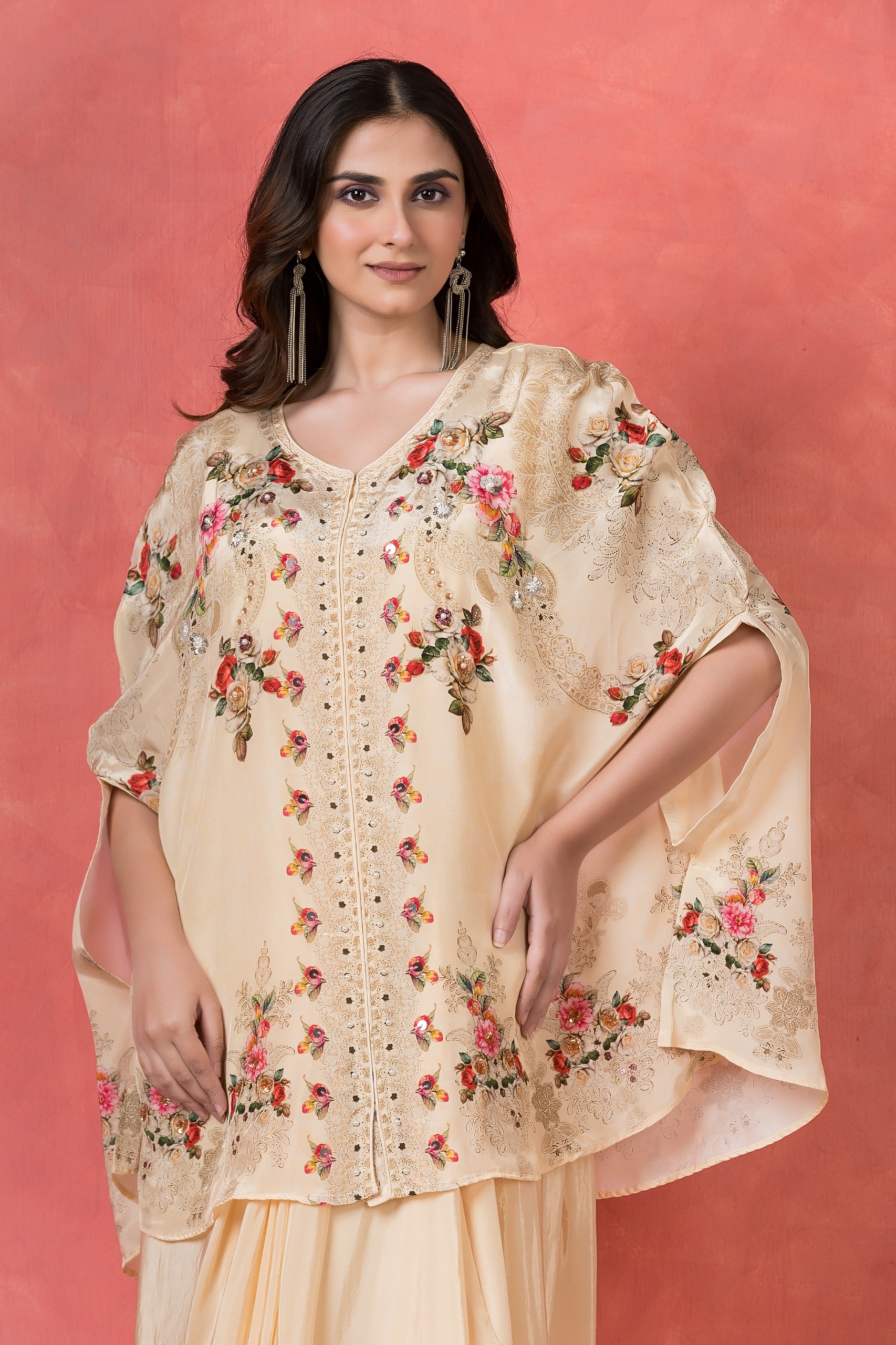 Cream Embellished Crepe Silk Skirt Set