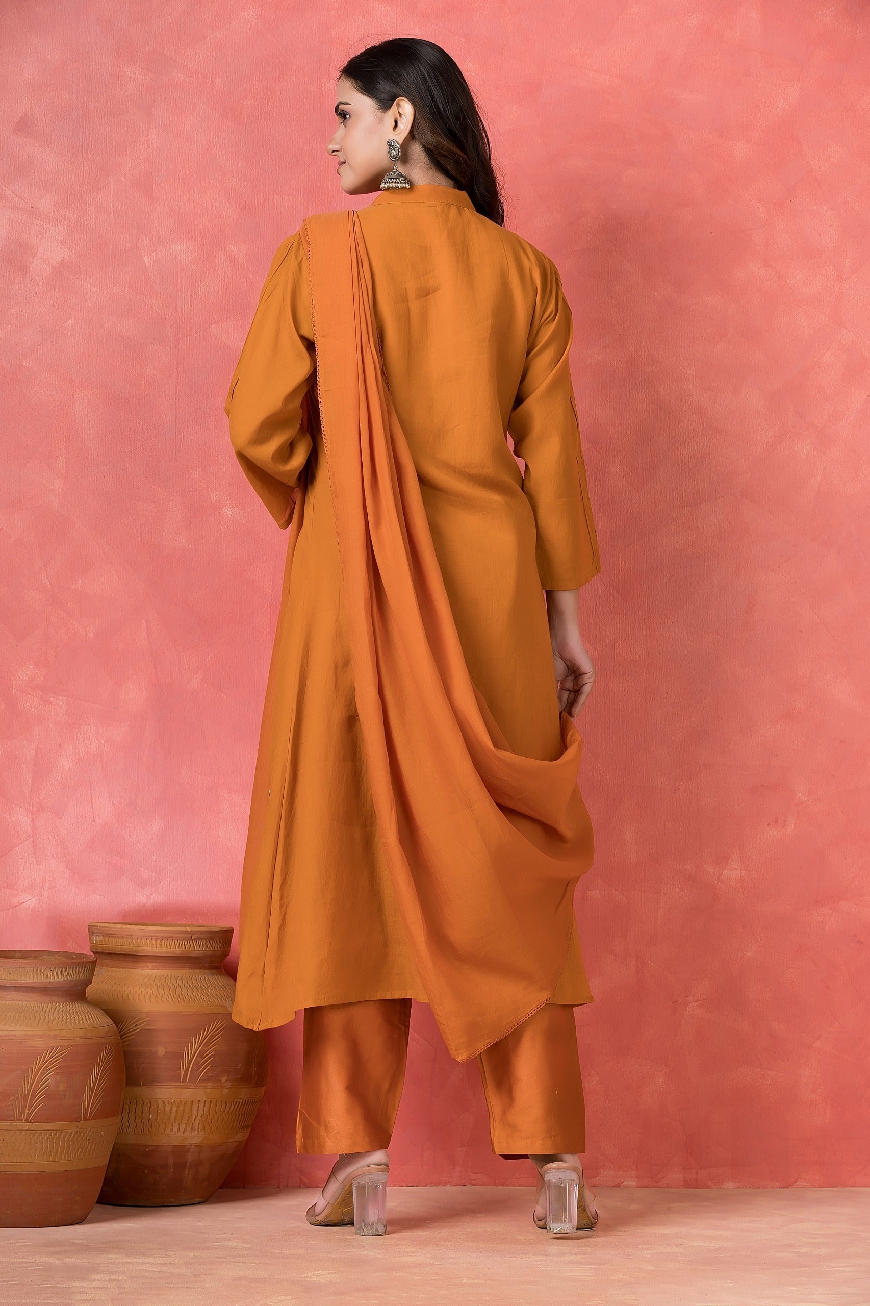 Burnt Orange Embellished Mul-Chanderi Silk Pant Set