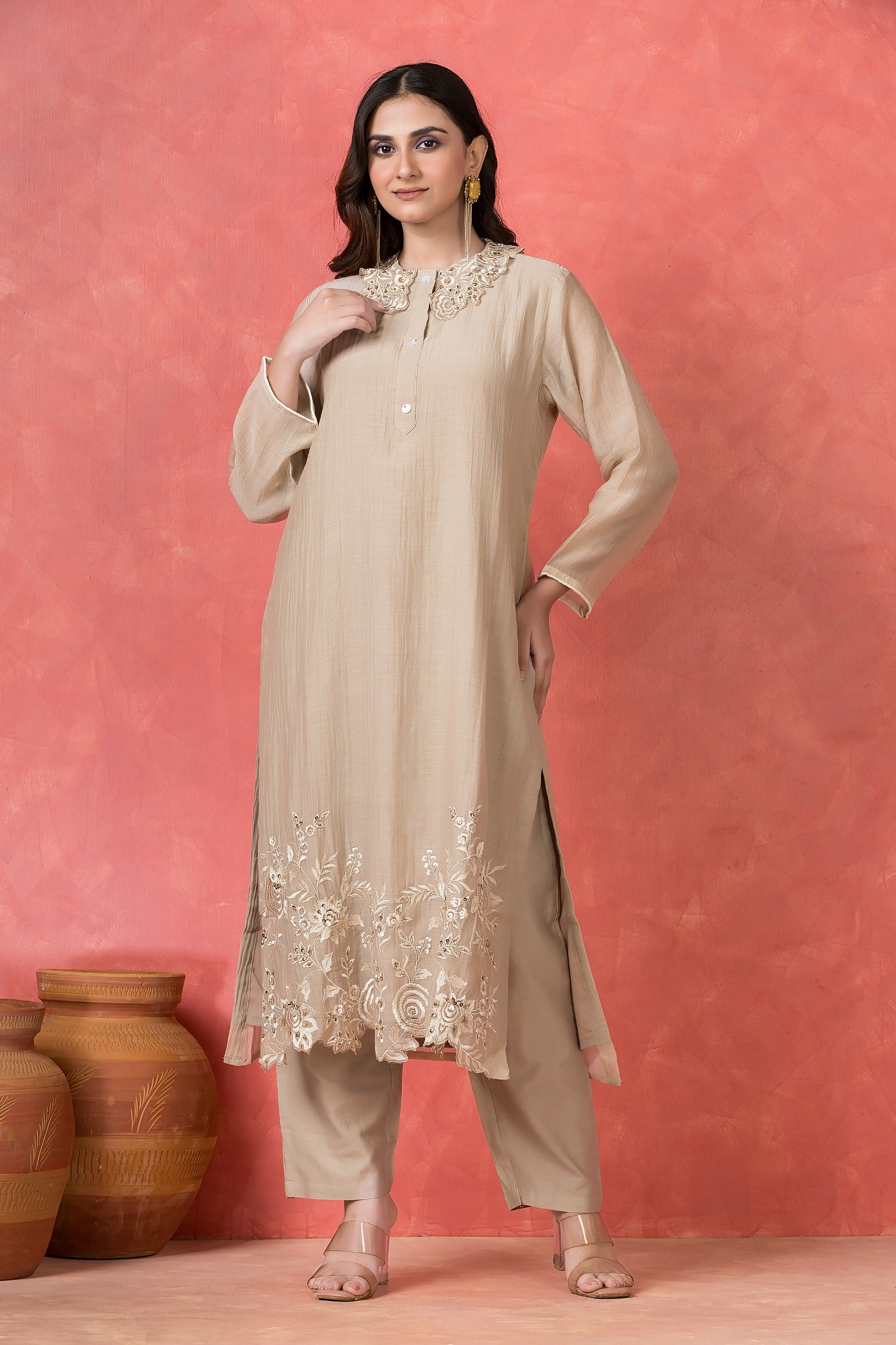 Beige Embellished Mul-Chanderi Silk Kurta Set
