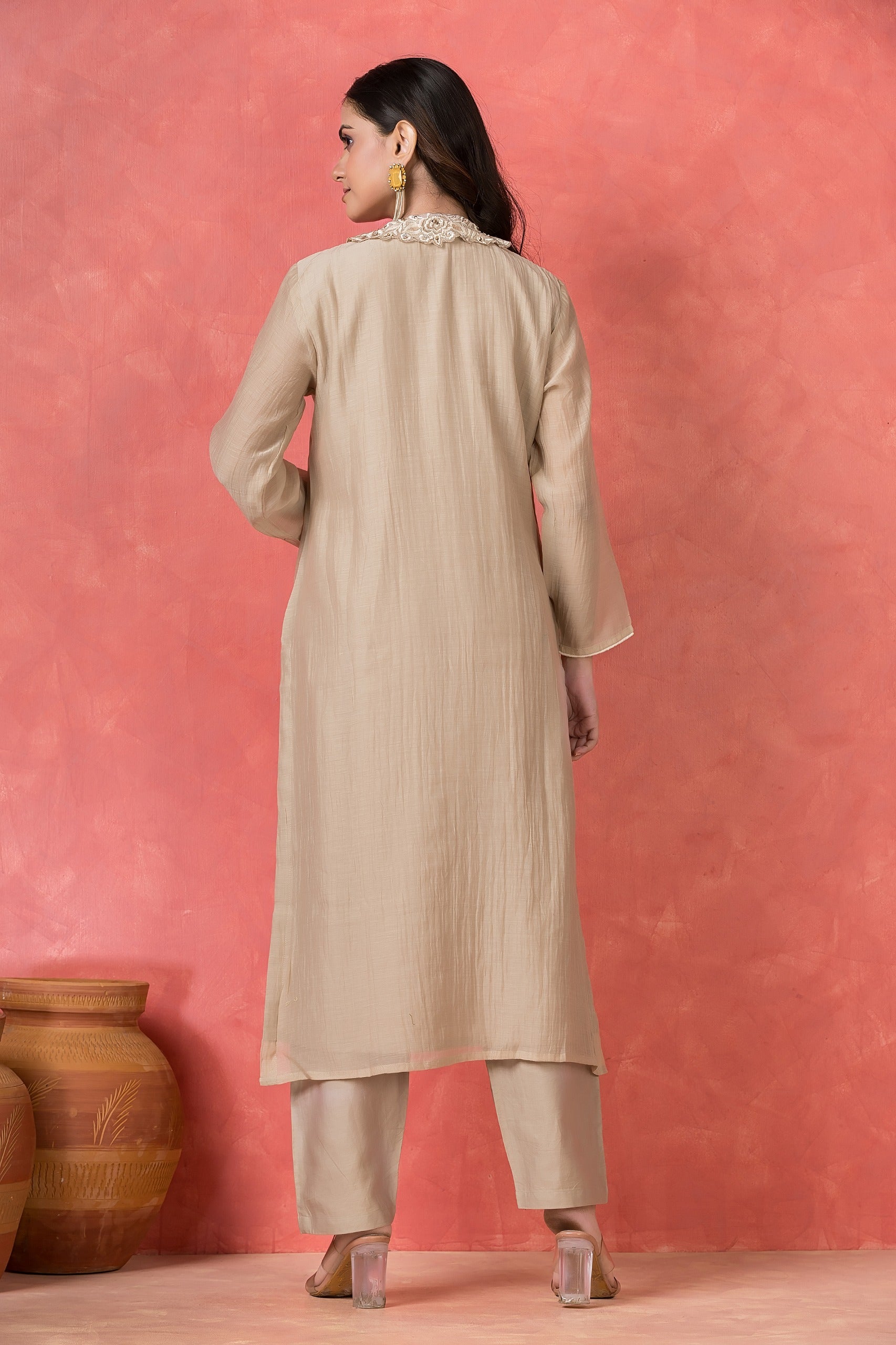 Beige Embellished Mul-Chanderi Silk Kurta Set