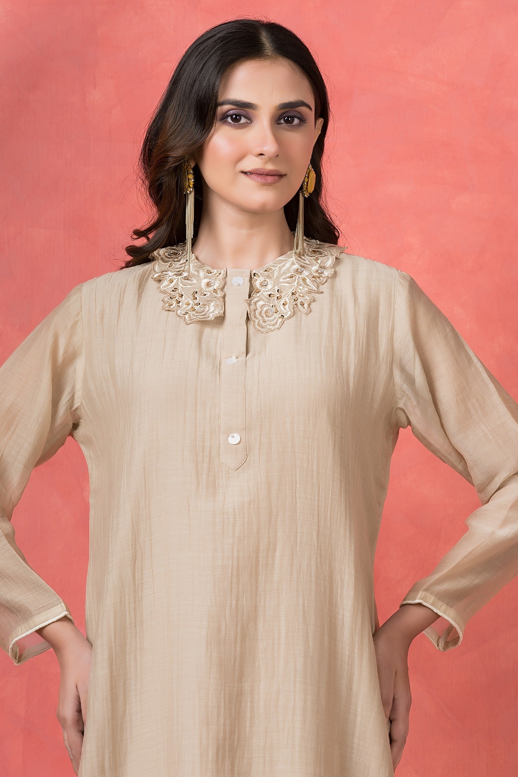 Beige Embellished Mul-Chanderi Silk Kurta Set