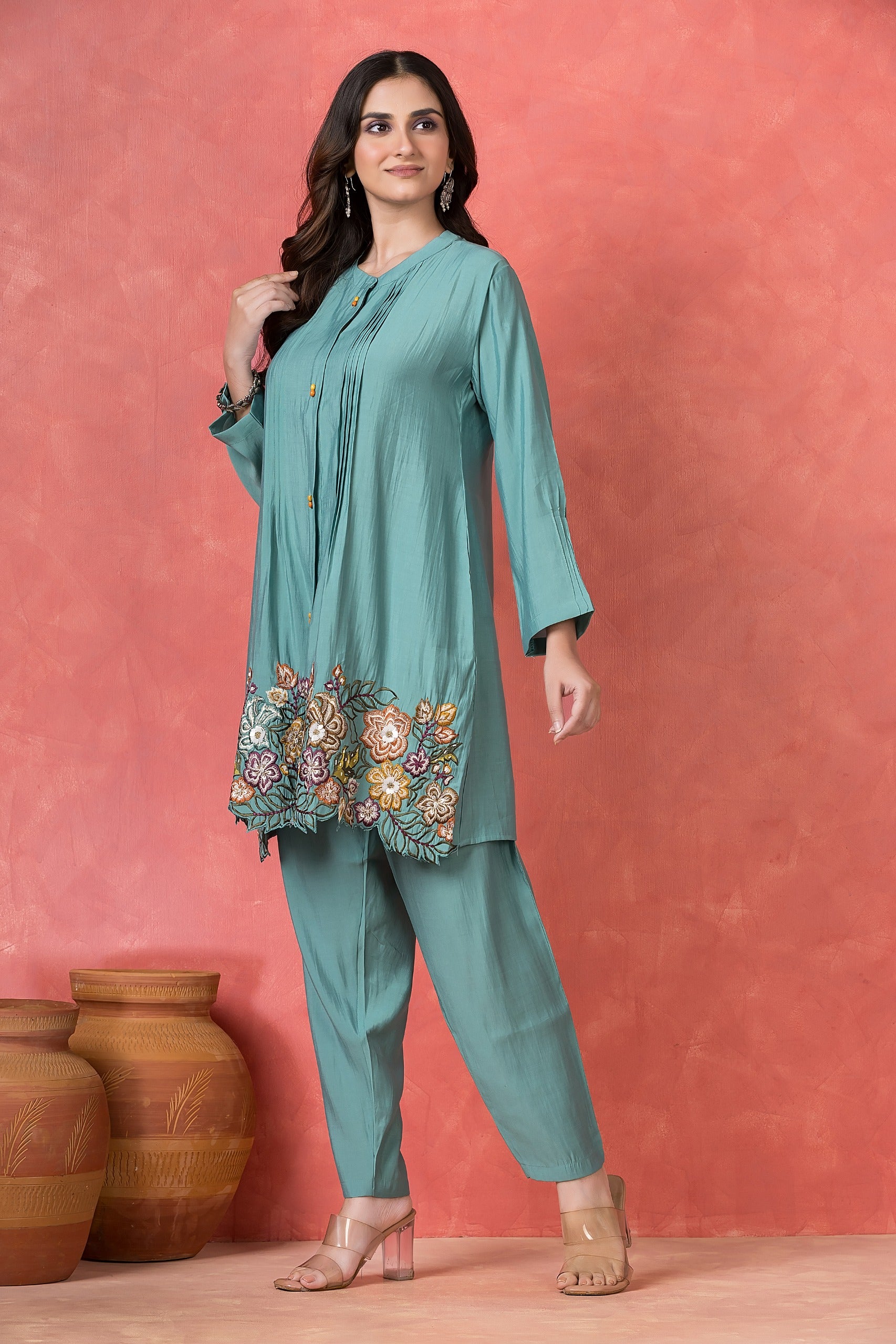 Teal Green Embroidered Premium Silk Co-Ord Set