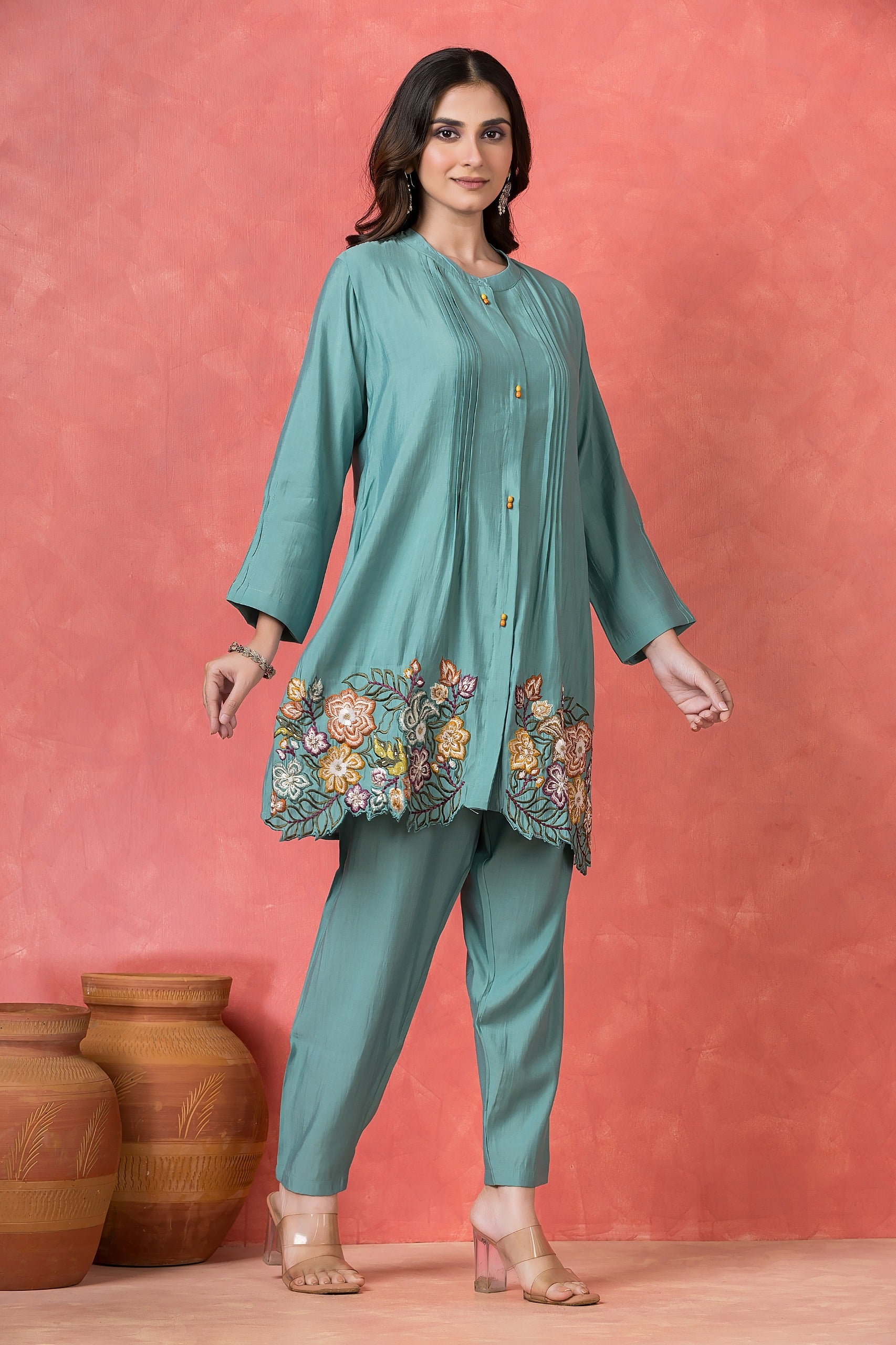 Teal Green Embroidered Premium Silk Co-Ord Set