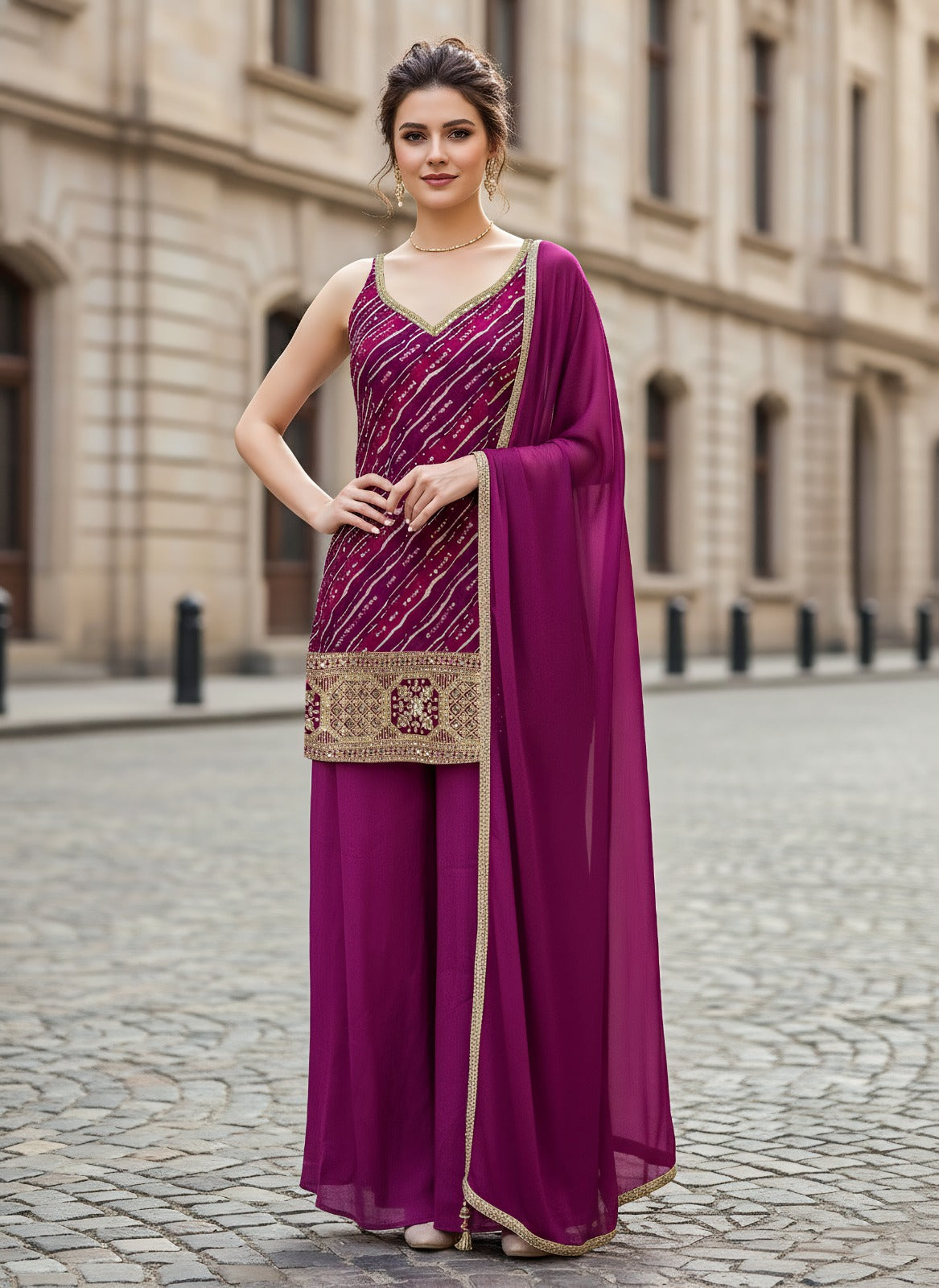 Dark Pink Embellished Chinon Silk Palazzo Set
