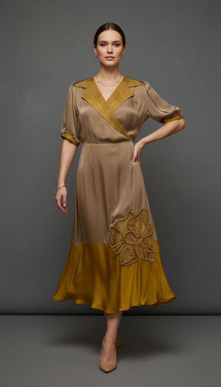 Taupe & Mustard Yellow Embellished Premium Silk Dress