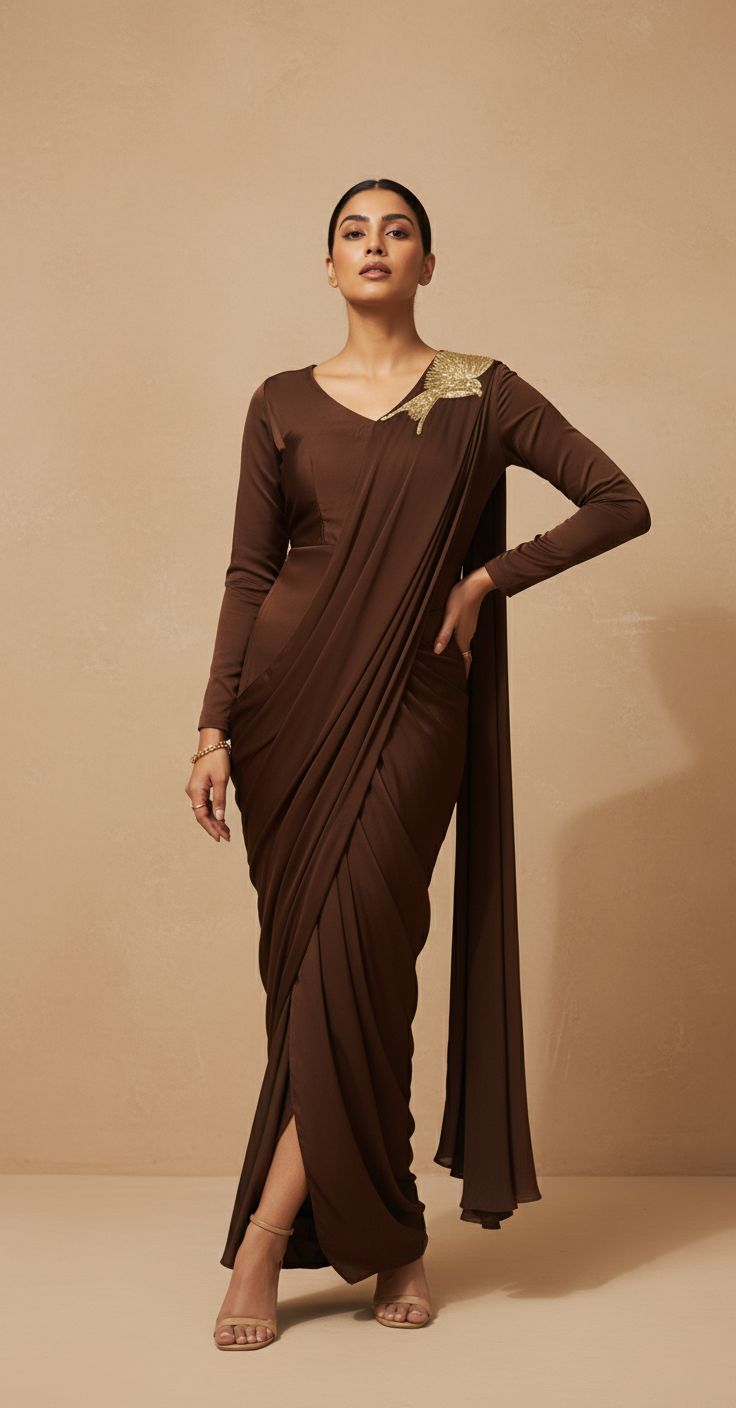 Hot Brown Embellished Premium Silk Draped Gown