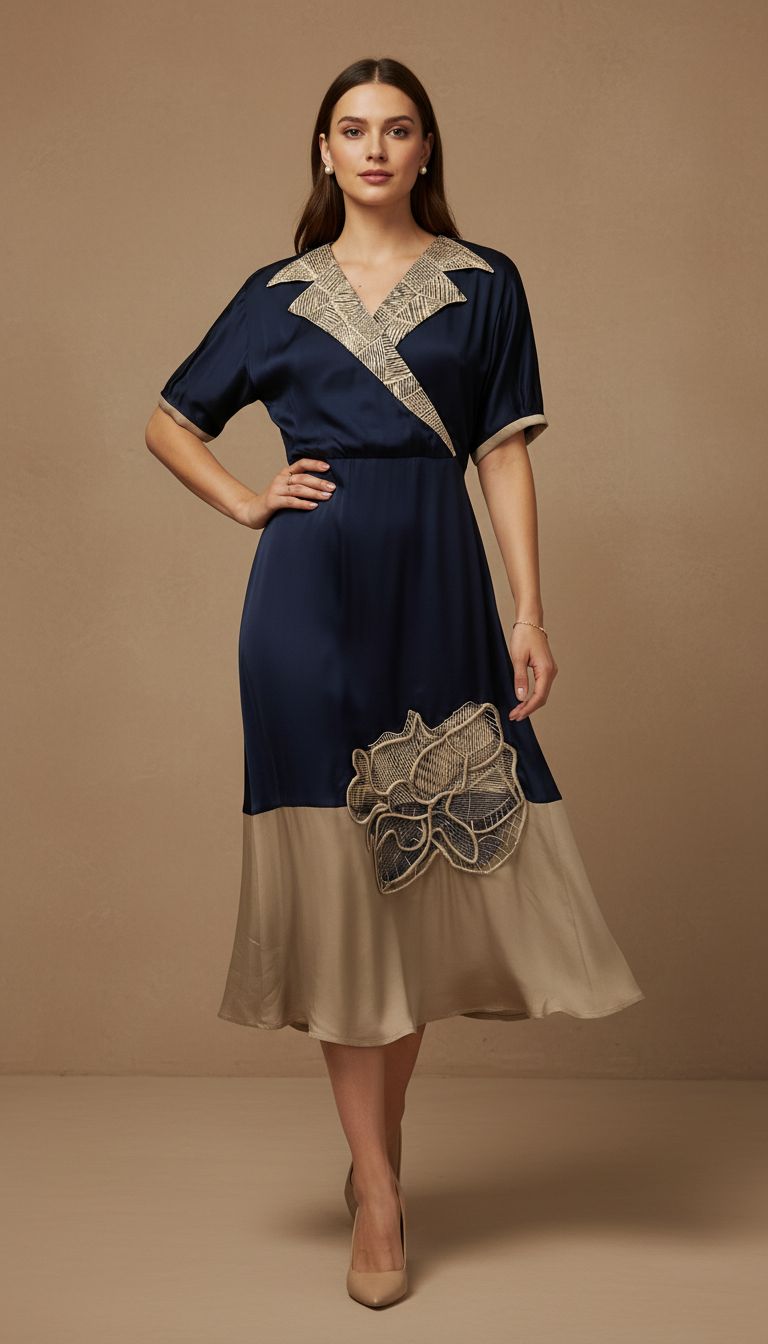 Beige & Navy Blue Embellished Premium Silk Dress