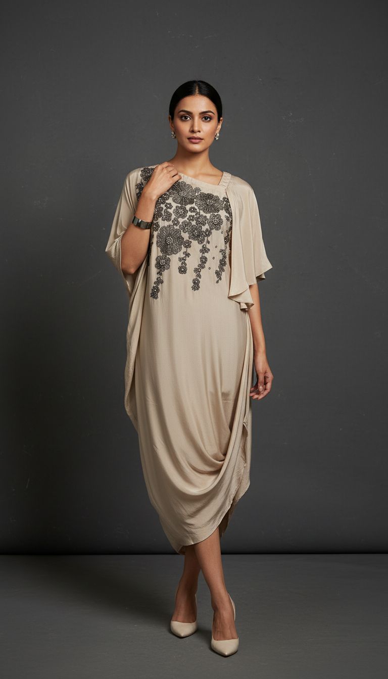 Light Beige Embroidered Crepe Silk Draped Dress