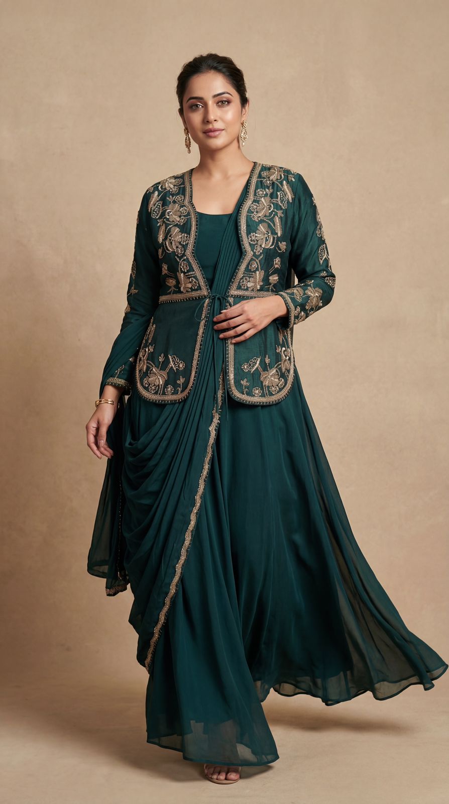 Emerald Green Embellished Crepe Silk Gown With Jacket